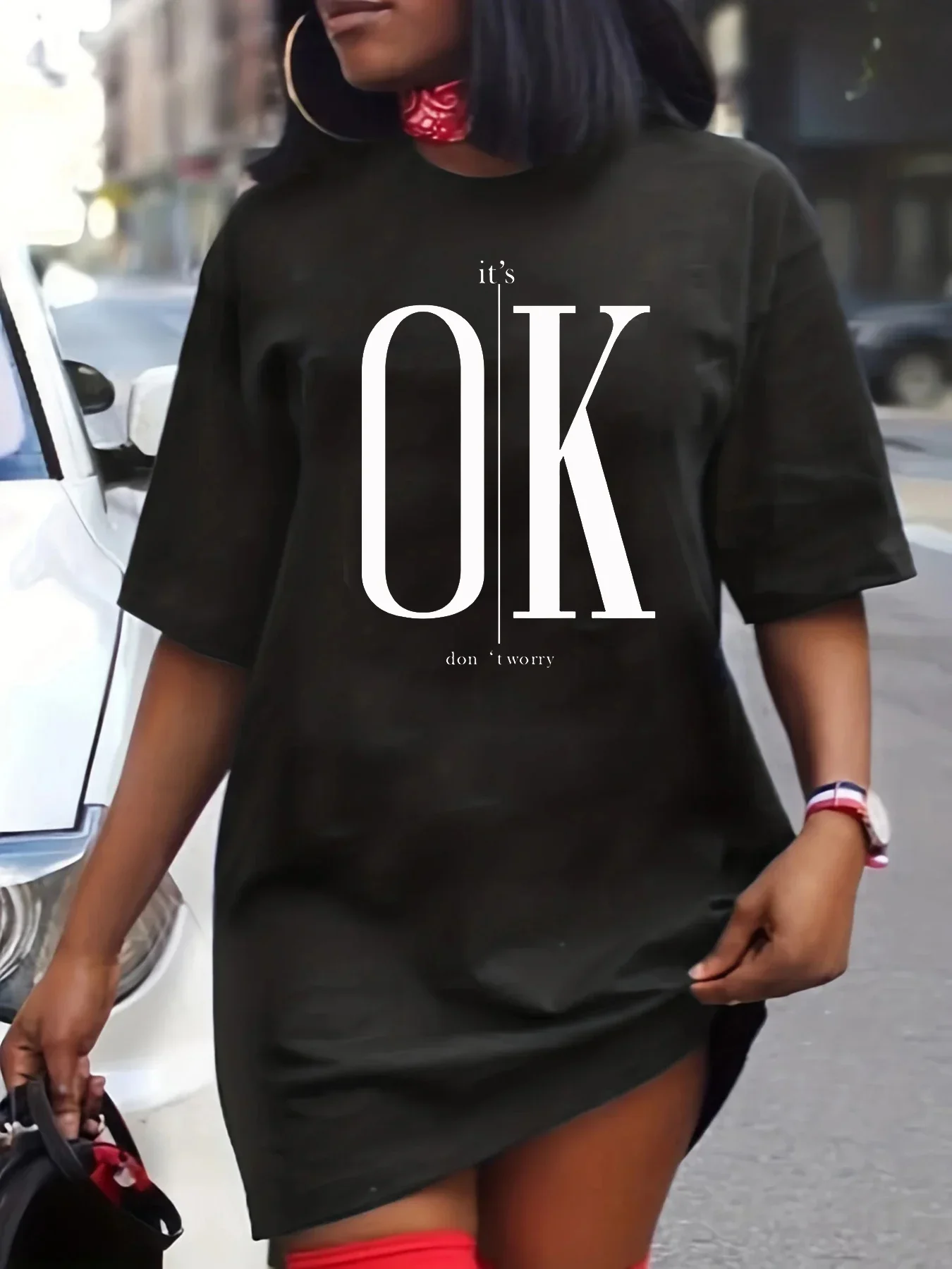 Pop femmes été décontracté c'est OK ne vous inquiétez pas imprimer lèvres imprimé taille ample col rond manches courtes T-shirt robe