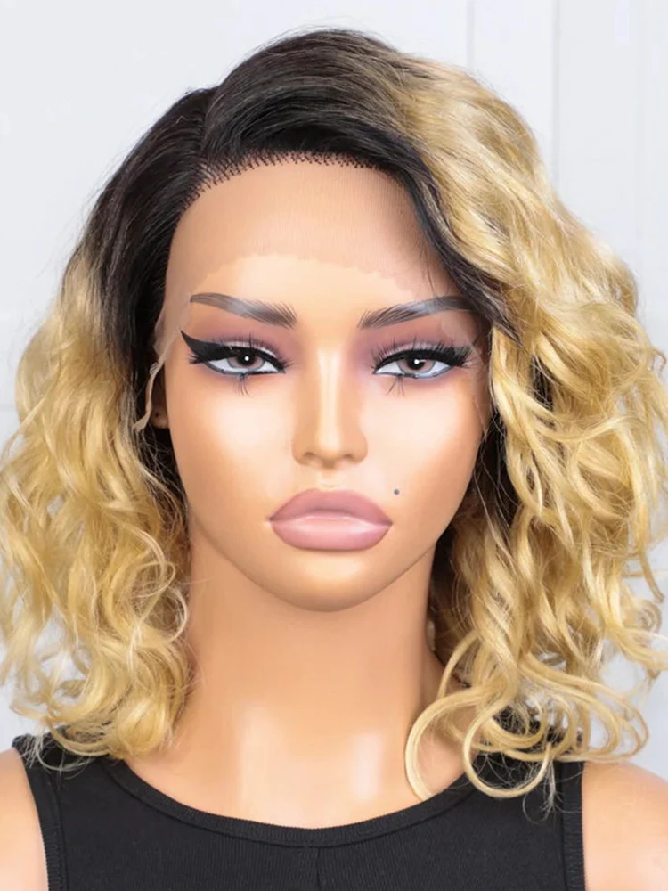 Slanke Bouncy Krullend Korte Bob Pruik Lace Front Menselijk Haar Pruiken Braziliaanse Hoogtepunt Bruin Water Wave Kant Menselijk Haar Pruik Voor Vrouwen - afbeelding 2
