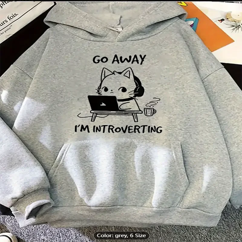 

Женская серая толстовка с капюшоном Go Away Im Introverting Cat Графический принт Повседневная негабаритная толстовка с капюшоном на шнурке для интровертов