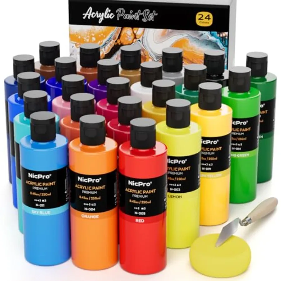 

24 Colors Large Bulk Acrylic Paint Set 8.45 oz/250 ml,Rich Pigments Non Toxic, Bulk Painting Supplies for Artist Beginners on C