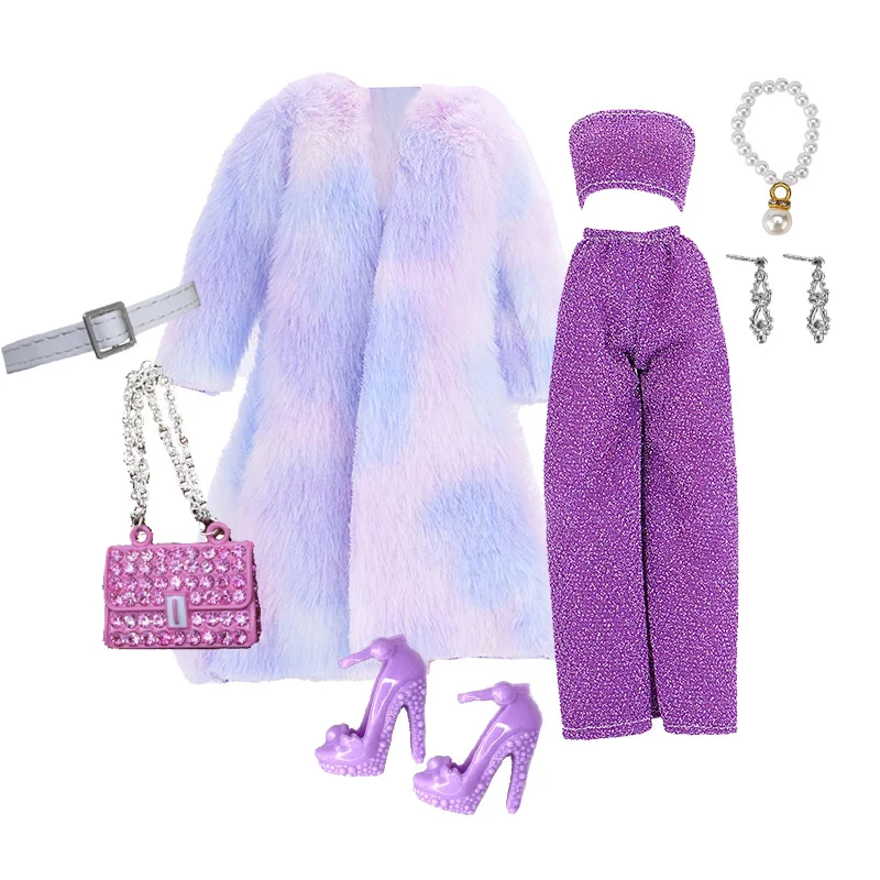 Buyeedoll roupas de pele vestido bolsa sapatos pacote roupa para 12 polegada moda boneca longo pele chita casaco conjunto para 1/6 boneca roupas diy