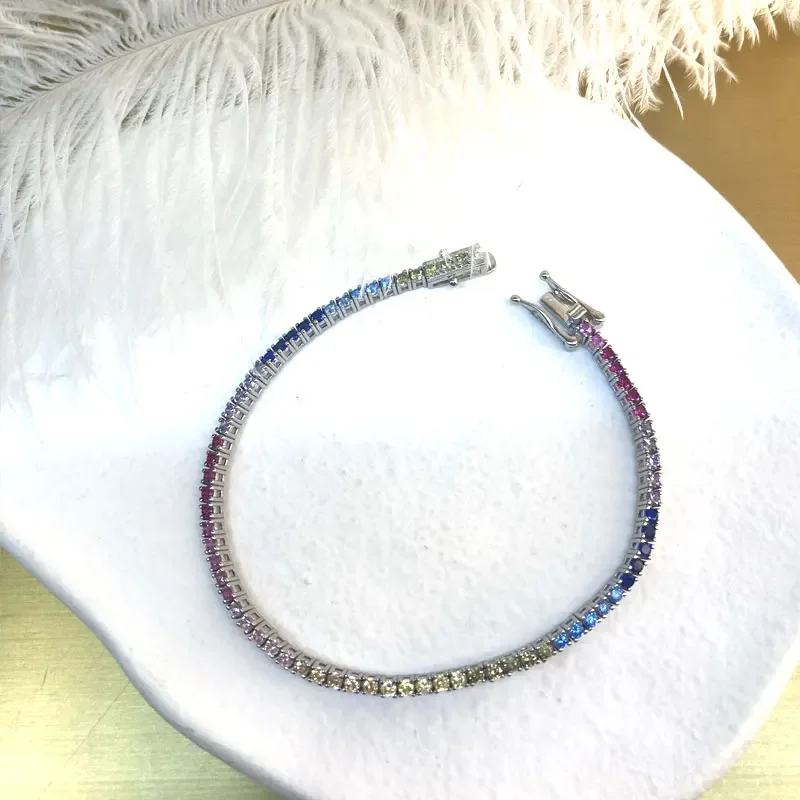 Multicolor 925 Sterling Silver Bracelet Tennis Bracelet 2 MM Adjustable Colorful Zircon Bracelets