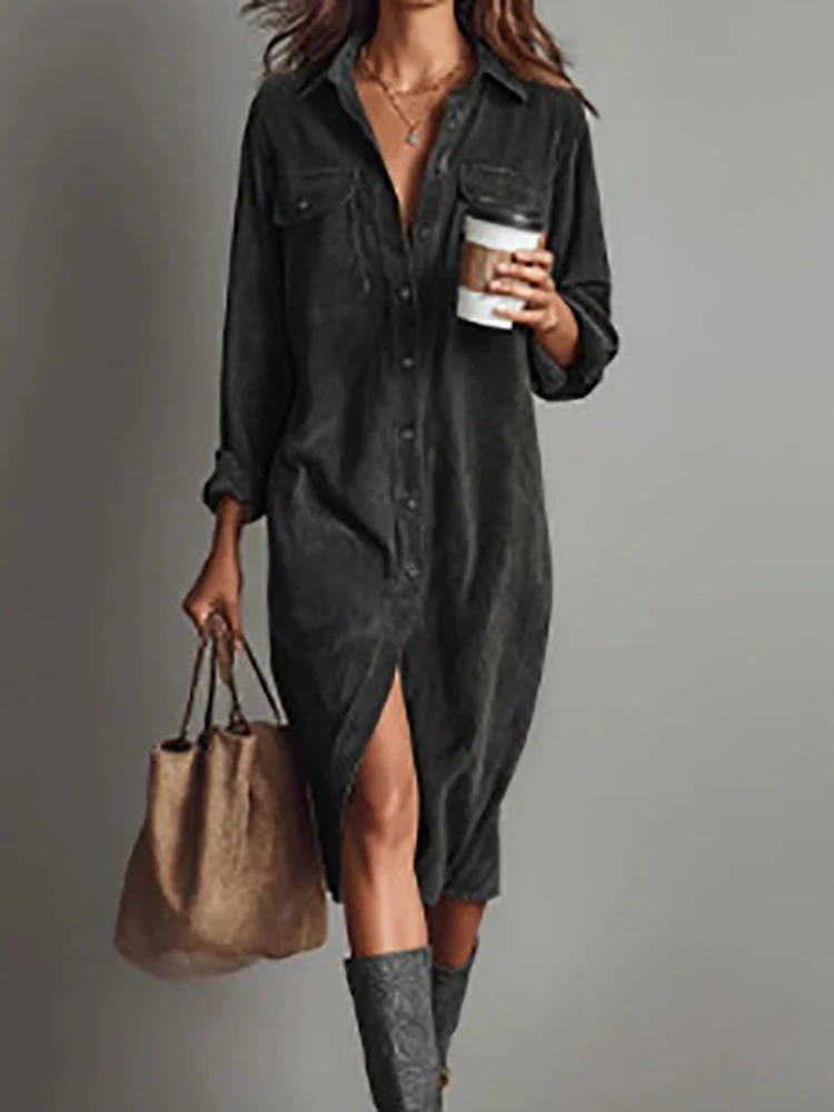 Langärmliges Patchwork-Chic-Maxikleid, Frühlings-Herbst-Damen-Umlegekragen, einfaches Partykleid, neues lässiges Damenkleid für den Urlaub