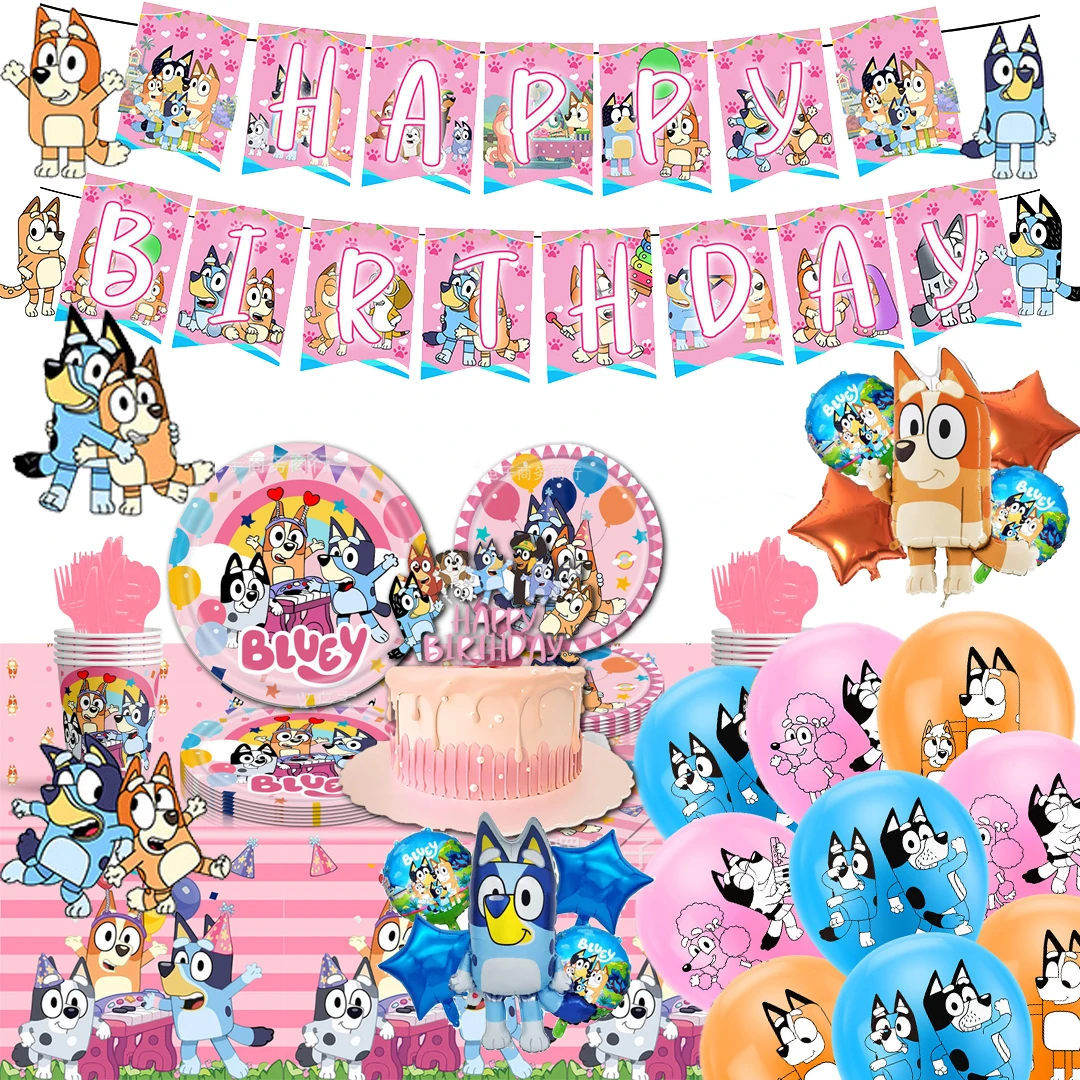 Hot cartoon bluey Birthday Party set dinnerware Banner Cake Disposable Topper Hanging Flag bluey Balloons Birthday Decoration