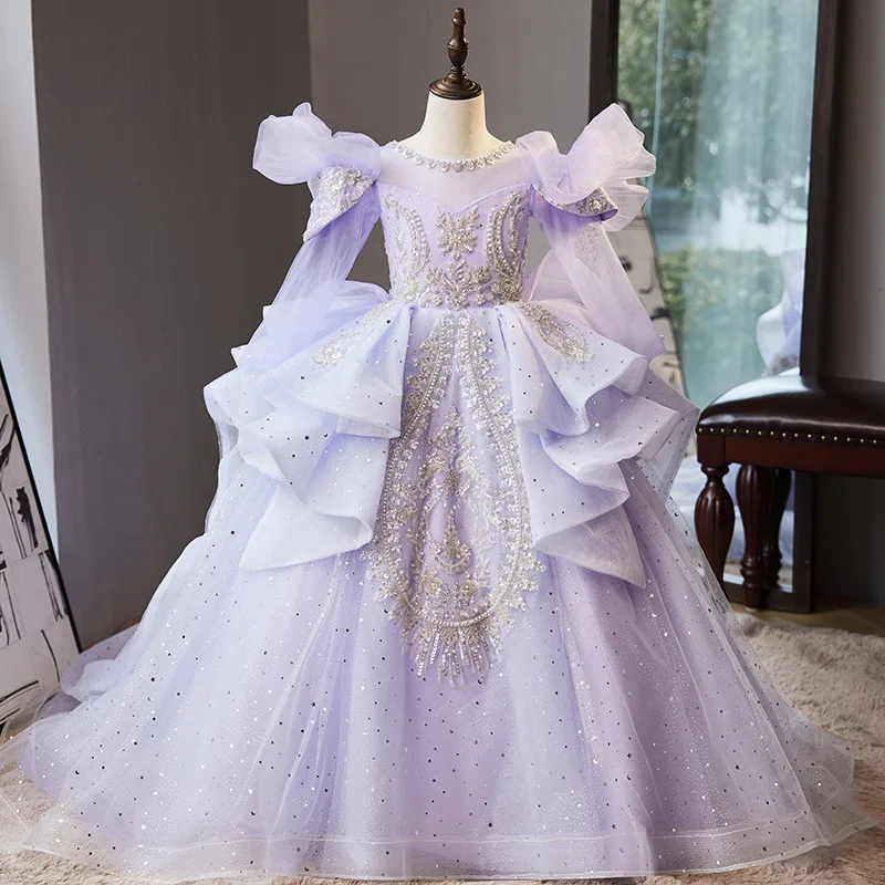 Vestido de fiesta violeta personalizado, vestidos de flores para bebé, apliques de lentejuelas, tren de corte, vestidos de fiesta de graduación de cumpleaños y boda para niños