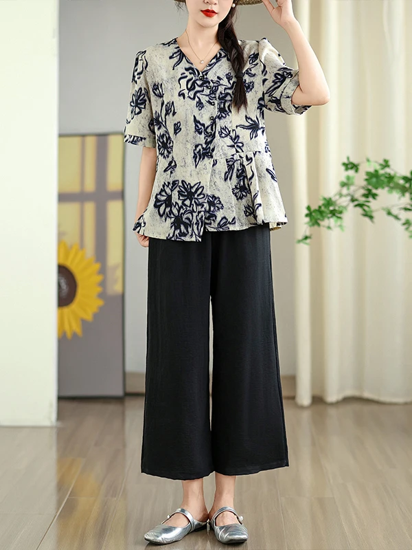 

Faionable Two-Piece Set Summer 2025 Polyester Fiber round Ne Button Closure orts Sve Mommy Chic Top Bot Ensemble