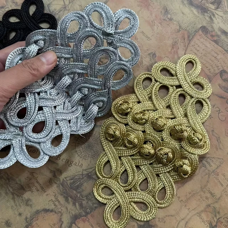

1pc 19x10cm Uniform Knot Button Fastener Cord Embroidery Knot Button Applique Gold Silver Black for Clothing DIY Accessories