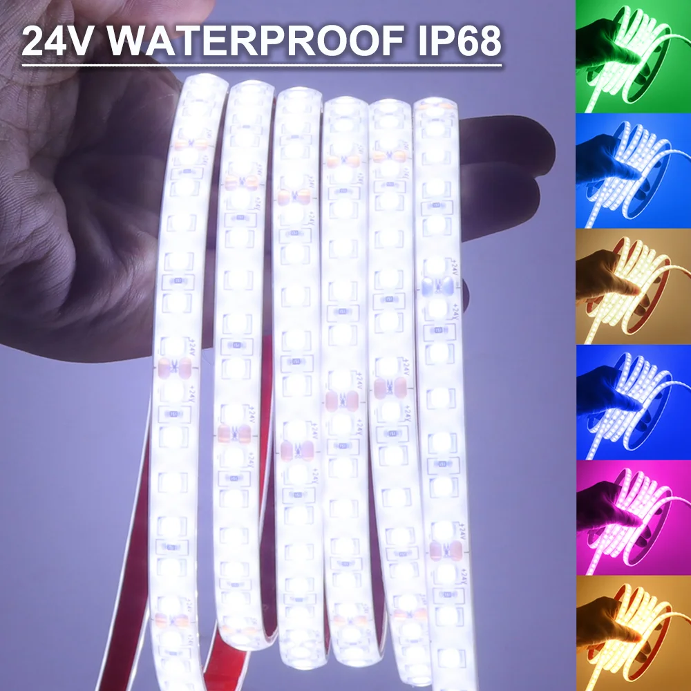 IP68 Waterproof LED Strip DC 24V SMD2835 120Leds/m Ribbon Flexible LED Tape Lights White Red Green Ice Blue Pink Yellow LED Lamp