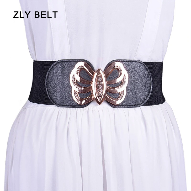 2024 New Fashion Waistband Women Adjustable Elastic PU Leather Material Golden Metal Jewel Decoration Buckle Jeans Dress Style