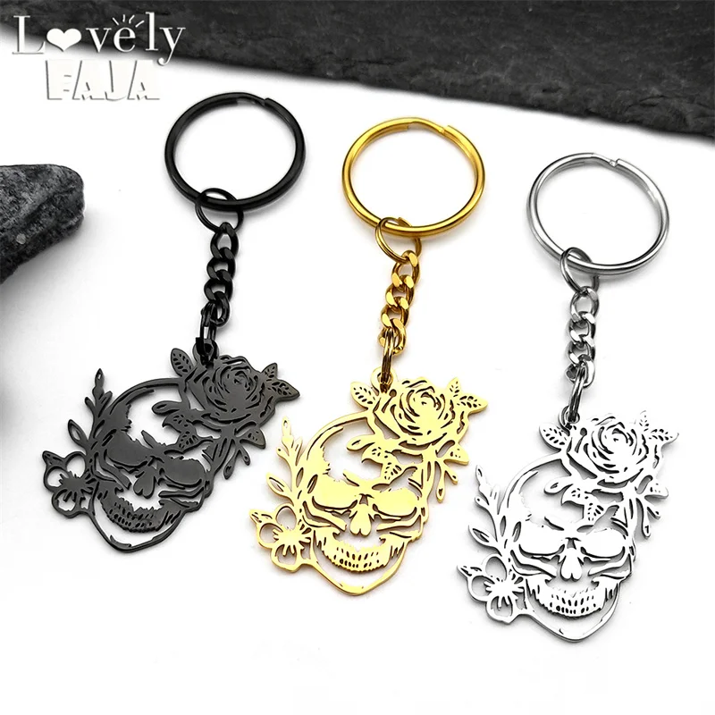 Edelstahl Gothic Schädel Rose Blume Anhänger Schlüsselanhänger für Männer Frauen Gold Farbe Skelett Retro Punk Party Schmuck Geschenk – Detail 8