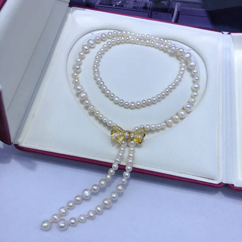 

Свитер с пресноводным жемчугом и бантом 5-9 мм, модное элегантное повседневное ожерелье для женщин, почти кругло, слегка дефектное ожерелье