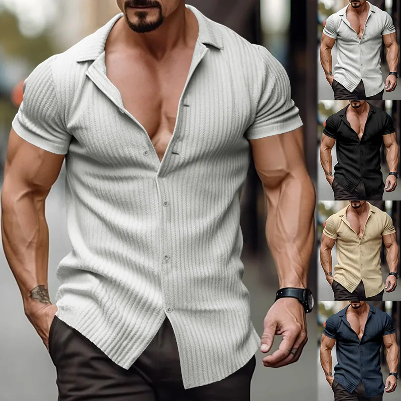 

insMen's Summer Fashion Casual Slim-Fit Vertical Stripe Short-Sleeved Lapel Shirt Men's Fashionable Top