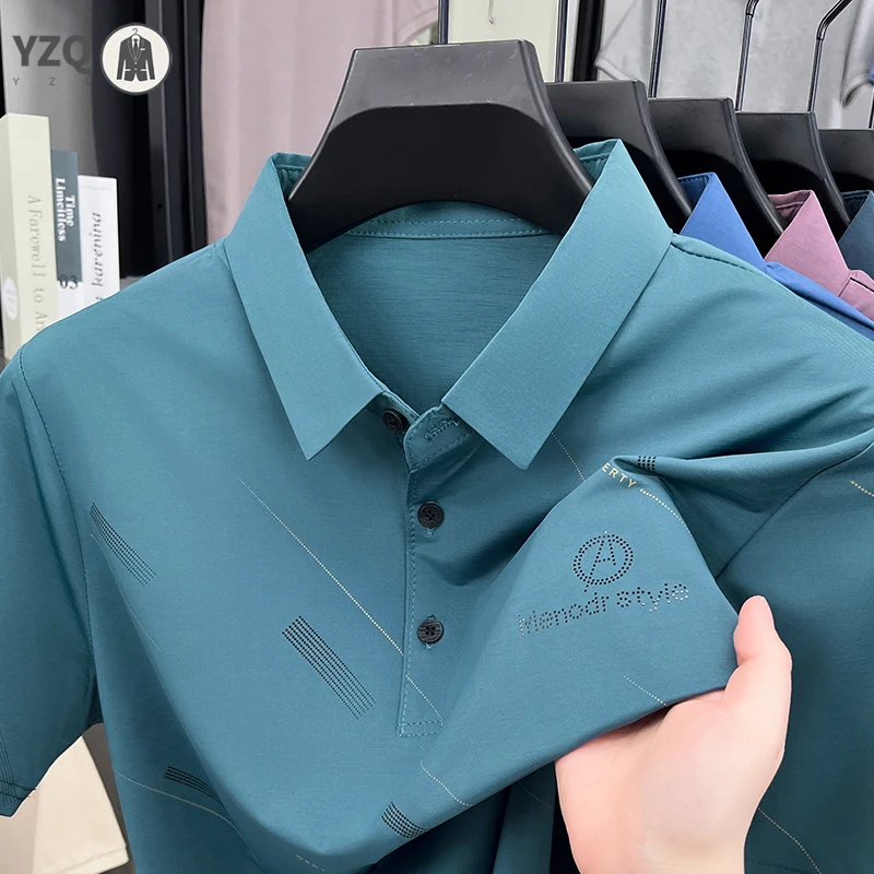 Men Short Sleeve Line Print Collared Polo Shirt Casual Style Comfortable Fit For Daily Wear Office And Weekend Activities