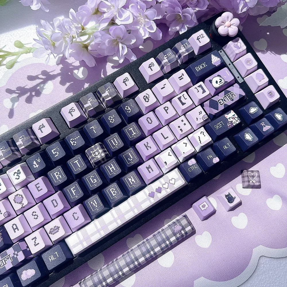 

Eat A Grape Theme Keycap PBT Thermal Sublimation Cute Black Purple Pixel Style Keycaps for Mechanical Keyboard Cherry Profile