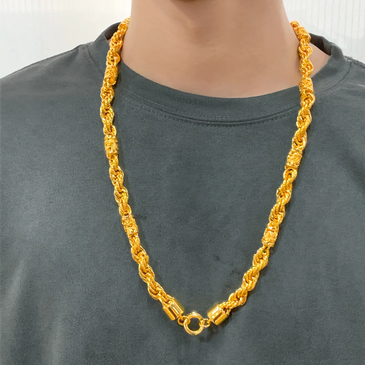 

9999 24K real gold 10mm twist hollow dragon pillar necklace men's trendy and atmospheric necklace for wedding preparation