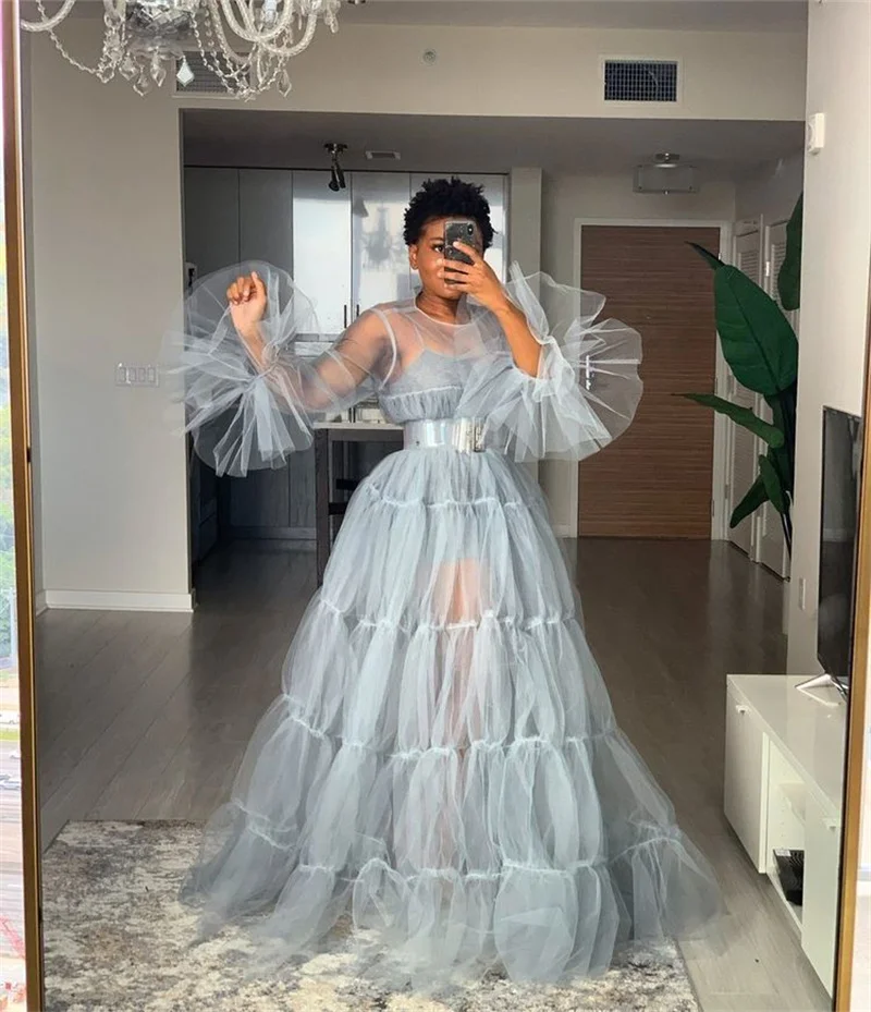 

Grey Women Pregnant Prom Dress Full Sleeve Sheer Maternity Bridal Morning Robes Tiered Tulle Evening Gown Sleepwear Customized