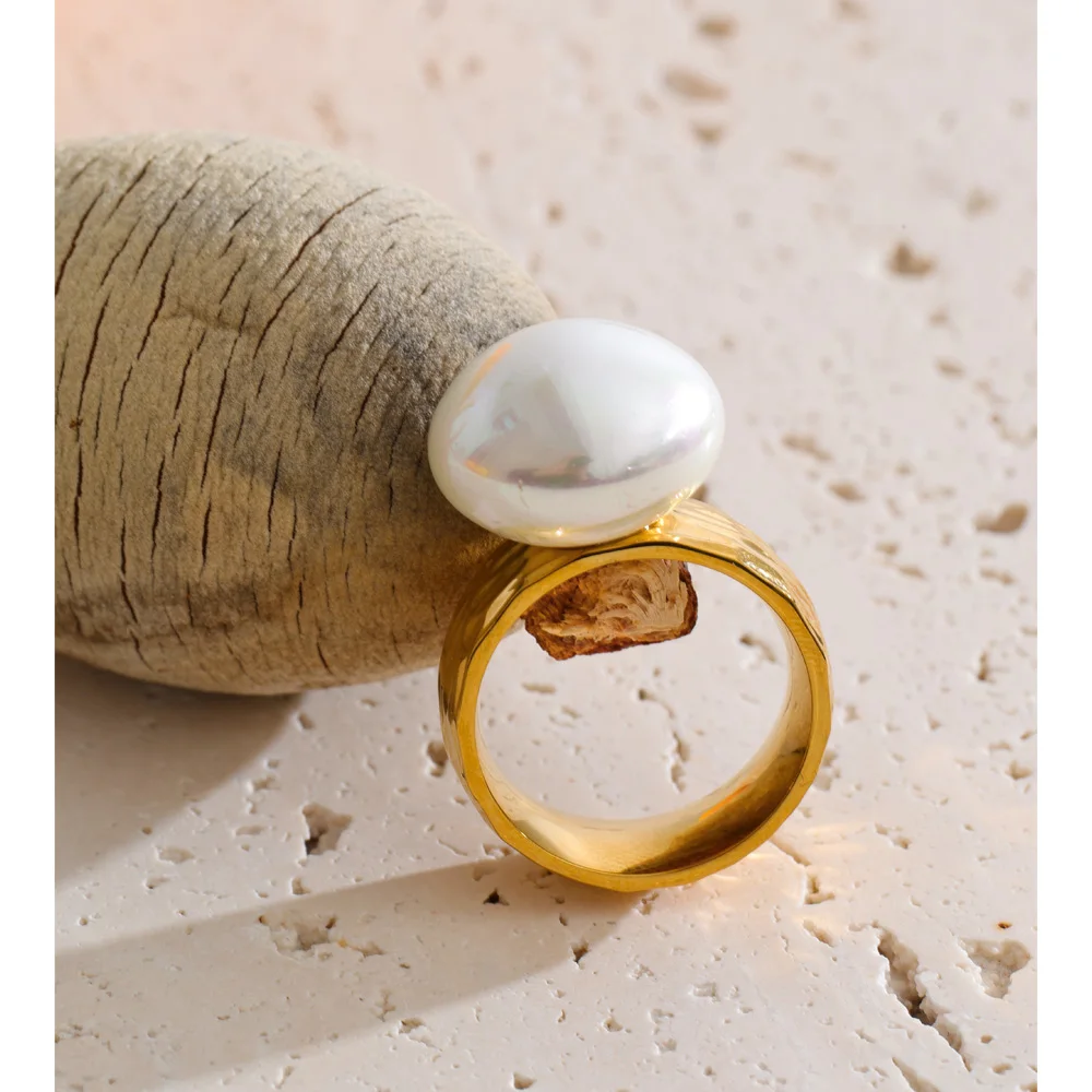 Yhpup Size 6789 Stainless Steel Round Big Shell Pearl Ring 18K Gold Color PVD Plated Stylish Chic Modern Jewelry 2026 Recommend