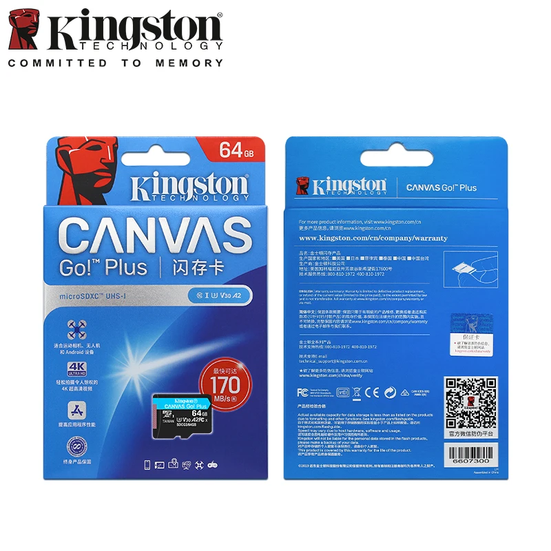 بطاقة Kingston Canvas Go Plus Micro SD 64GB 128GB 256GB 512GB بطاقة الذاكرة V30 U3 بطاقة فلاش تصل إلى 170 ميجابايت/ثانية قراءة لبطاقة TF للهاتف