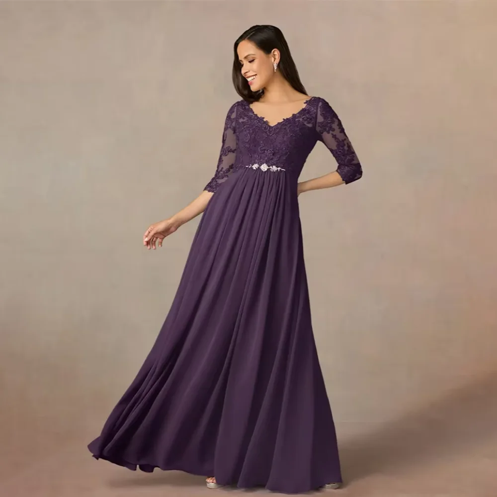 Chiffon Mother Of The Bride Dresses V Neck Customized Vintage Lace Applique Formal Dress A Line Wedding Party Gown Floor Length