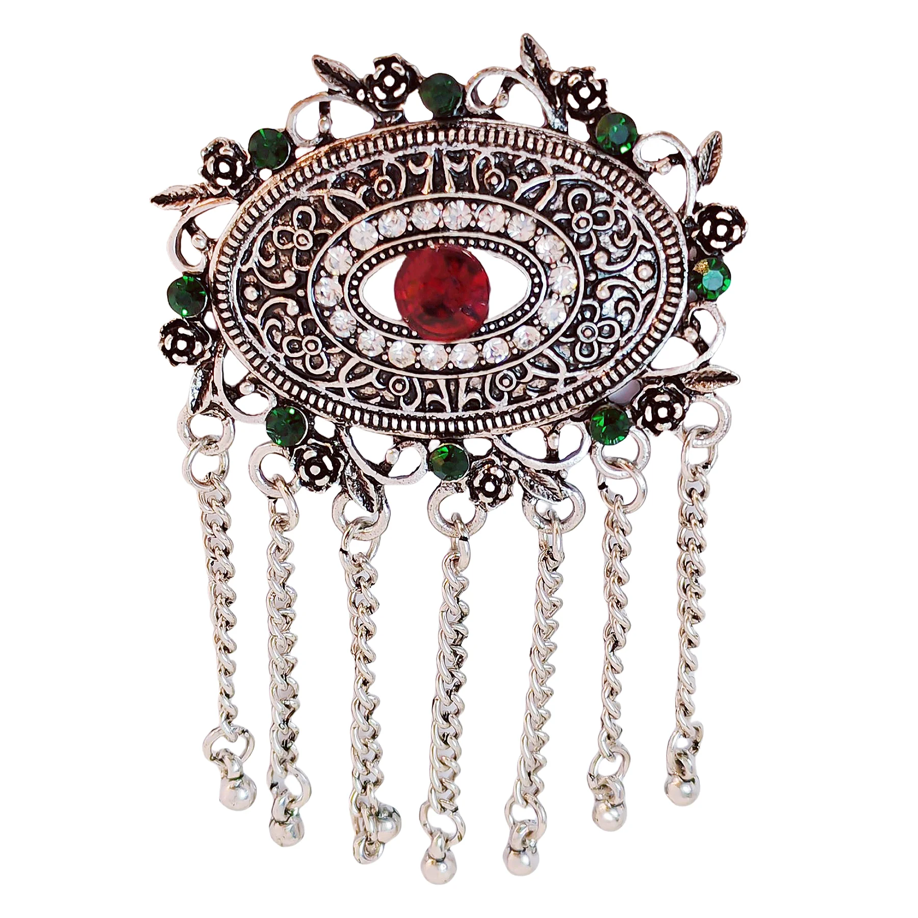 

Ethnic Vintage Silver Tone Red Crystal Centered Oval Tassel Brooch Tribal Jewelry