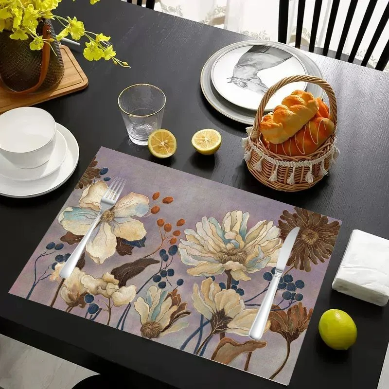 VIKAMA Placemat Red Flowers Green Leaves, Waterproof Oil-Proof Heat-Resistant Non-Slip Dining Table Mat