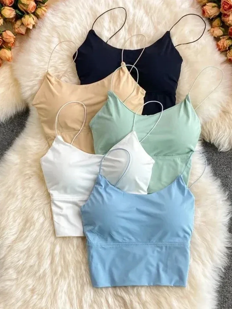 New Women Sexy Solid Color Camisole Ice Silk Tube Seamless Sports Tank Top Wireless Underwear Padded Bra Bralette Vest