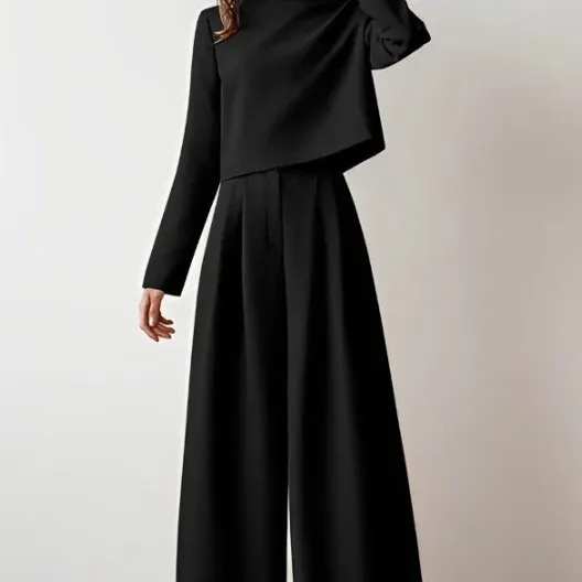 2024 New Autumn and Winter Casual Temperament Commuter Fashion Long-sleeved Trousers Solid Color Two-piece Set for Women