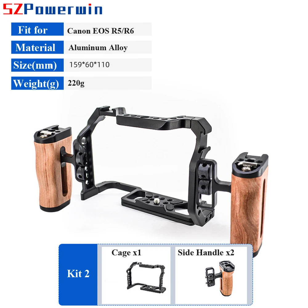 Powerwin Camera Cage For Canon EOS R5 R6  with wooden Handgrid Handle Kit Aluminum Alloy Multifunctional Arri Locating Screw