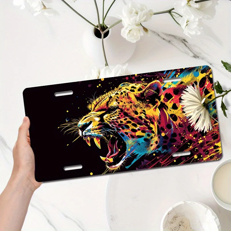 2D Flat, Vivid Cheetah Car Plaque - Dynamic Action Design, Openwork, Yellow and Black Spotted Fur, Black Background