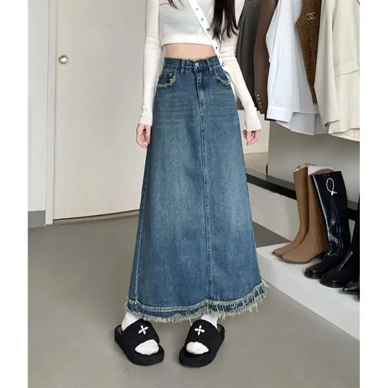 Deeptown Denim Skirt Vintage Women Elegant Fashion Autumn Long Jean Skirt Retro High Waist Streetwear Slim Up A-line Midi Skirts