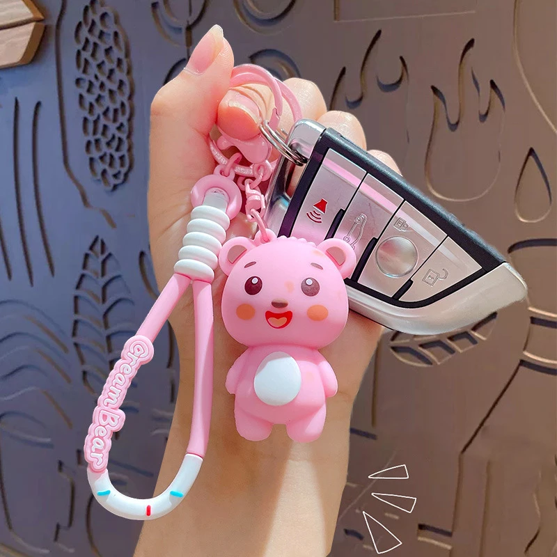 Cartoon Khaki Hip Hop Butter Bear Doll Key Chain Bag Pendant Cute Smile Big Ears Pink Bear Animal Keychain Women Car Bag Keyring