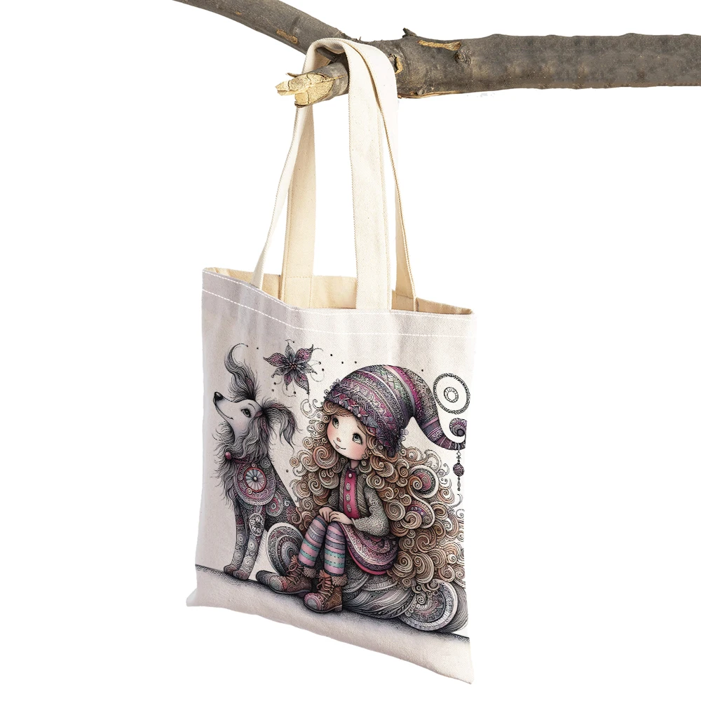 

Girl and Pet Dog Tote Handbag Double Print Women Shopper Bag Cute Cartoon Animal Lady Daily Commute Shoulder Shopping Bags