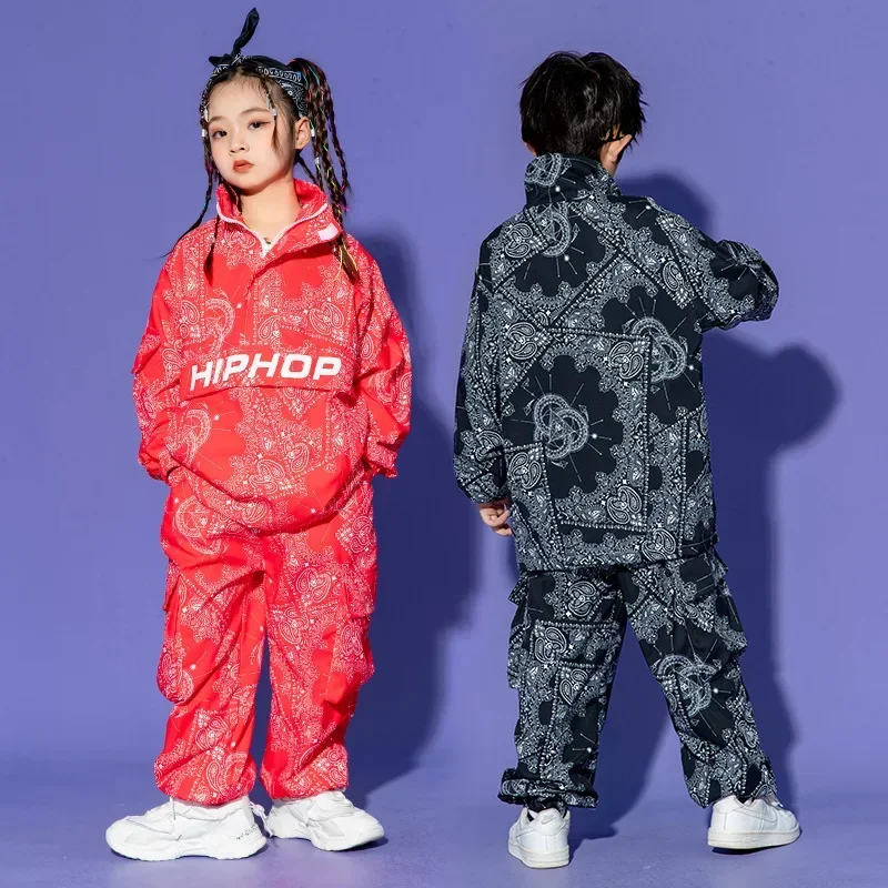 Boy Hip Hop Paisley Sweatshirt Cargo Pants Clothes Sets Girls High Collar Top Joggers Child Street Dance Kids Streetwear Costume