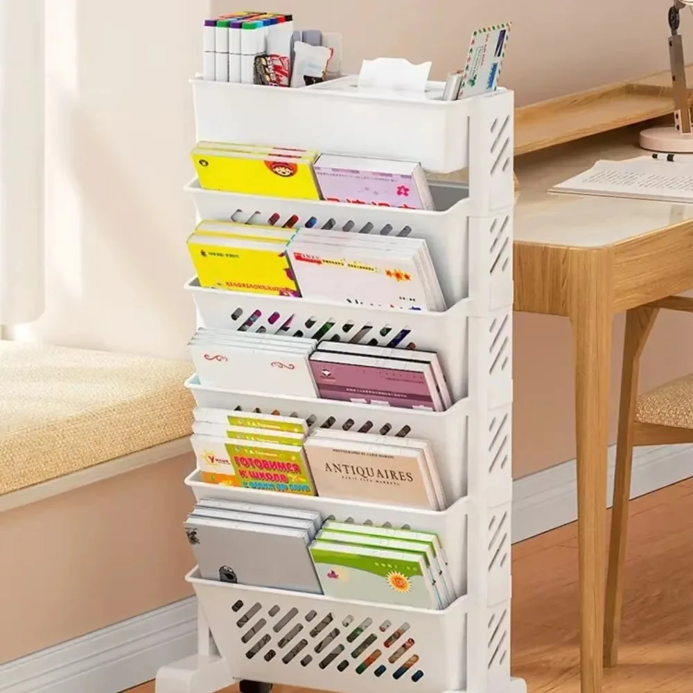 Simple Movable Book Shelf on Wheels 5/6 Layers Bookshelf Movable Floor Small Cart Book Storage Shelf Office Supplies Pen Holder