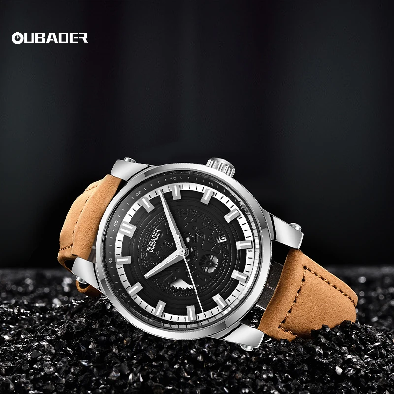 OUBAOER Man Leather Strap Fashion Wristwatch Men's Features Neat Masculine Dial Corrosion-resistant Quartz Wristwatch Male