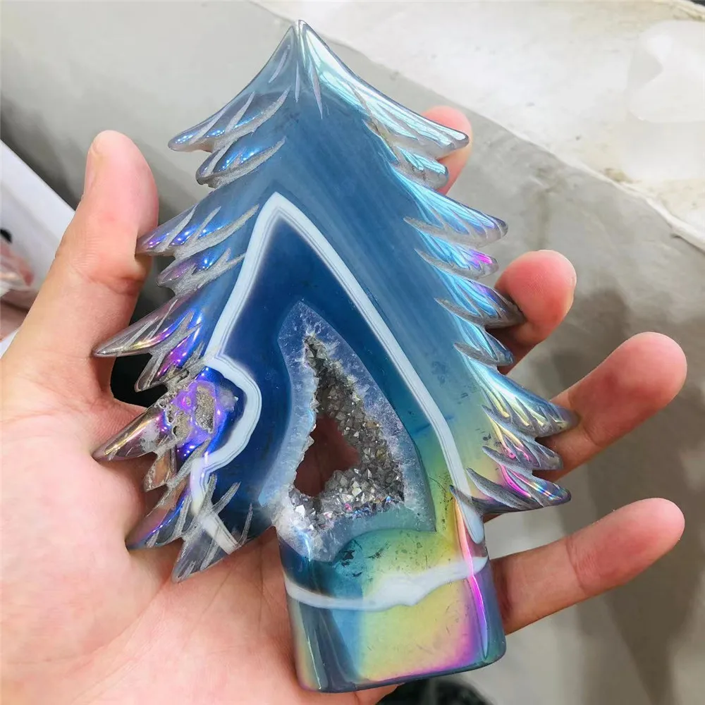 

Crafts Angel Aura Agate Geode Christmas tree Natural Crystal Healing Stones For Decoration