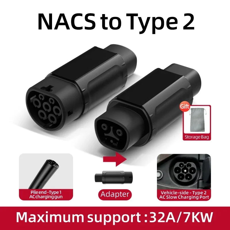 

32A 7KW Electric Vehicle EV Charger Adapter NACS to Type 1 J1772/Type 2 IEC62196/GBT20234 Compatible Tesla Charging Connector