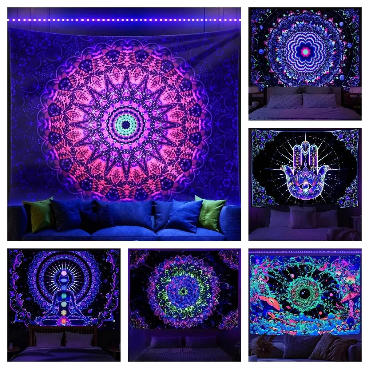 Fluoreszierender Wandteppich, böhmische Innendekoration erfordert UV-Licht, um Yoga-Meditations-Wandbehang-Wandteppich zu leuchten