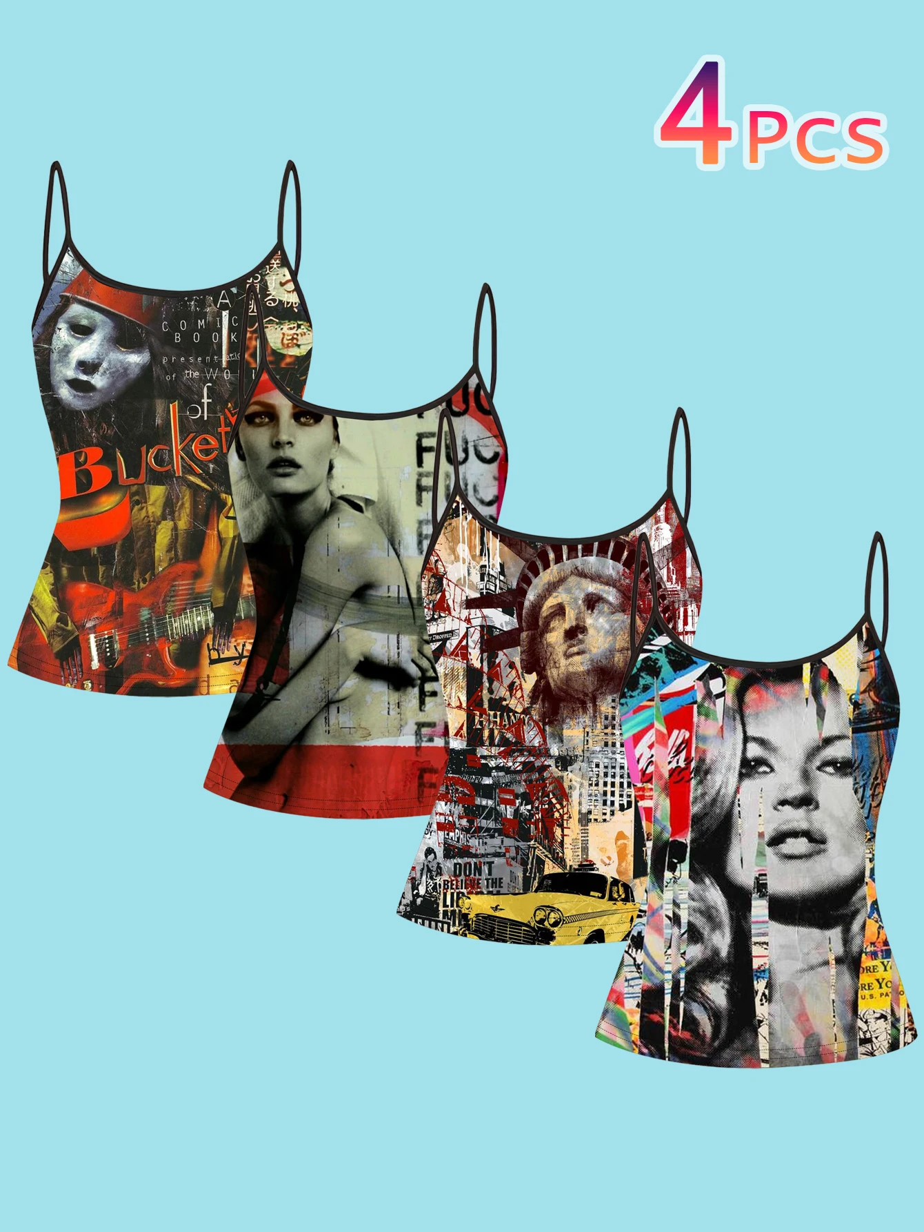 4-Piece Set of American Retro Collage Art Camisoles with Unique Color-Blocking Portrait Prints and Thin Straps for Women