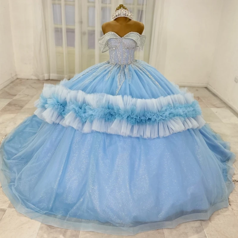 

Sky Blue Shiny Princess Sweet 16 Dress Dress Quinceanera Dresses Beading Crystal Corset Tull Party Birthday Vestidos 15 De Anos