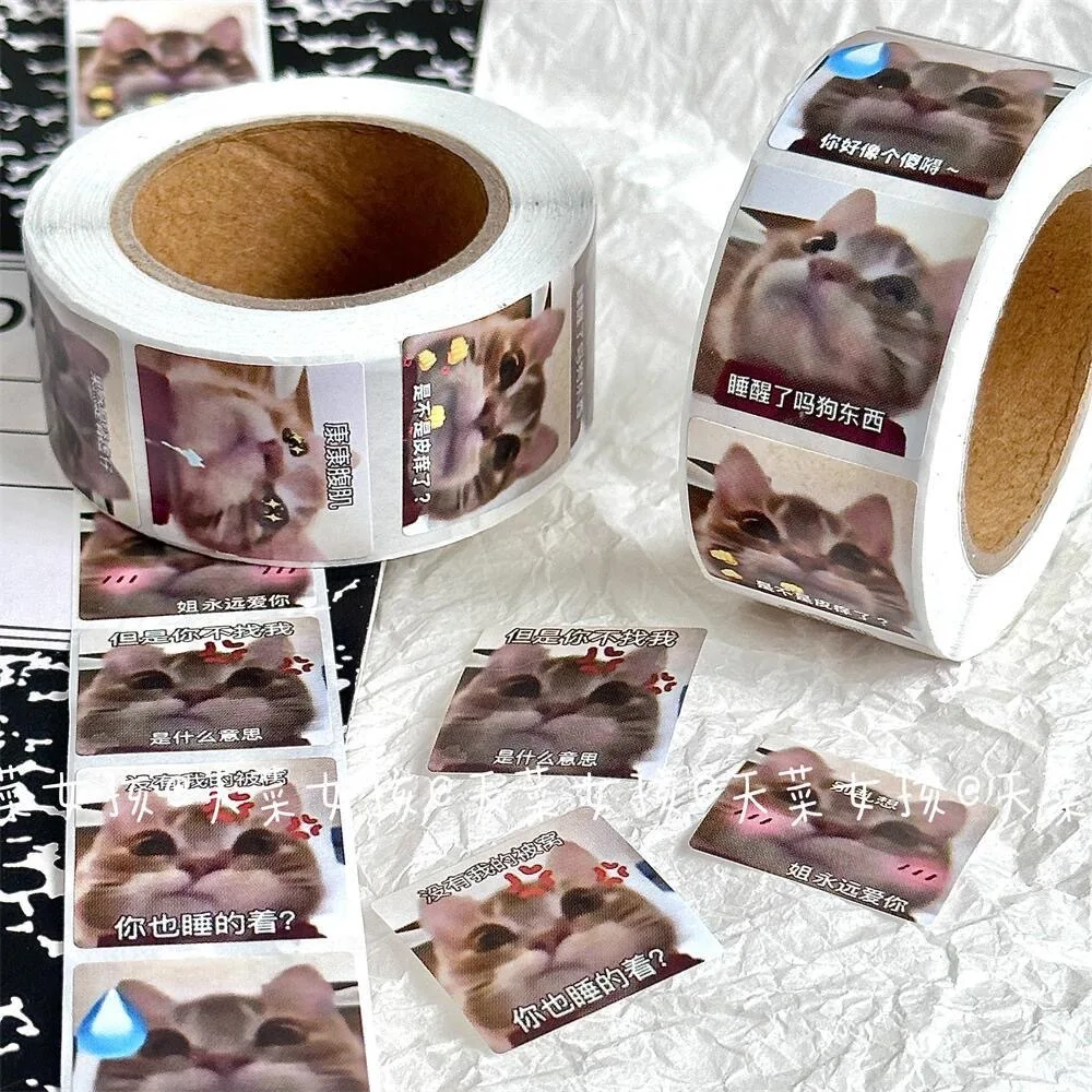 500Pcs/Roll Cute Crooked Mouth Cat Meme Ins Style Roll Stickers Decorative Material Sealing Polka Dot Sticker Cartoon Tape Kid