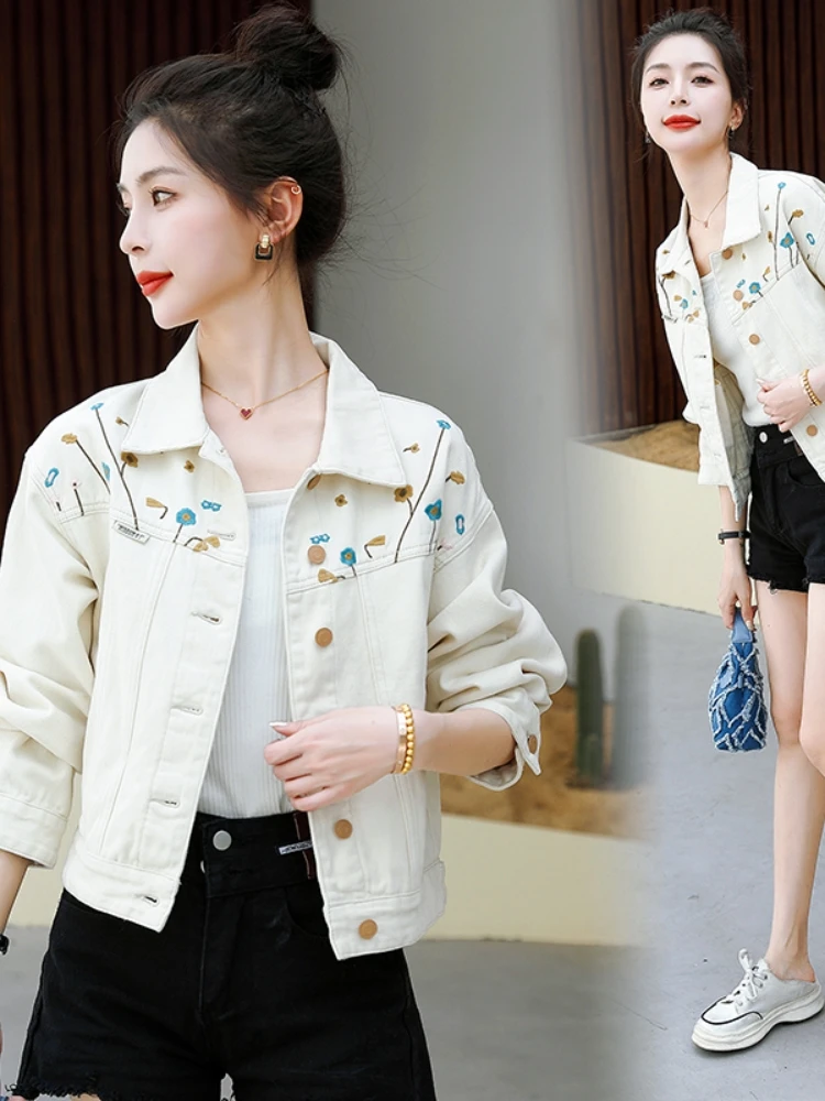 

Spring Loose Embroidered Apricot Denim Jaet Women Fre Sweet Casual Retro Stand Collar Jeans Outerwear Button Long Sve ...