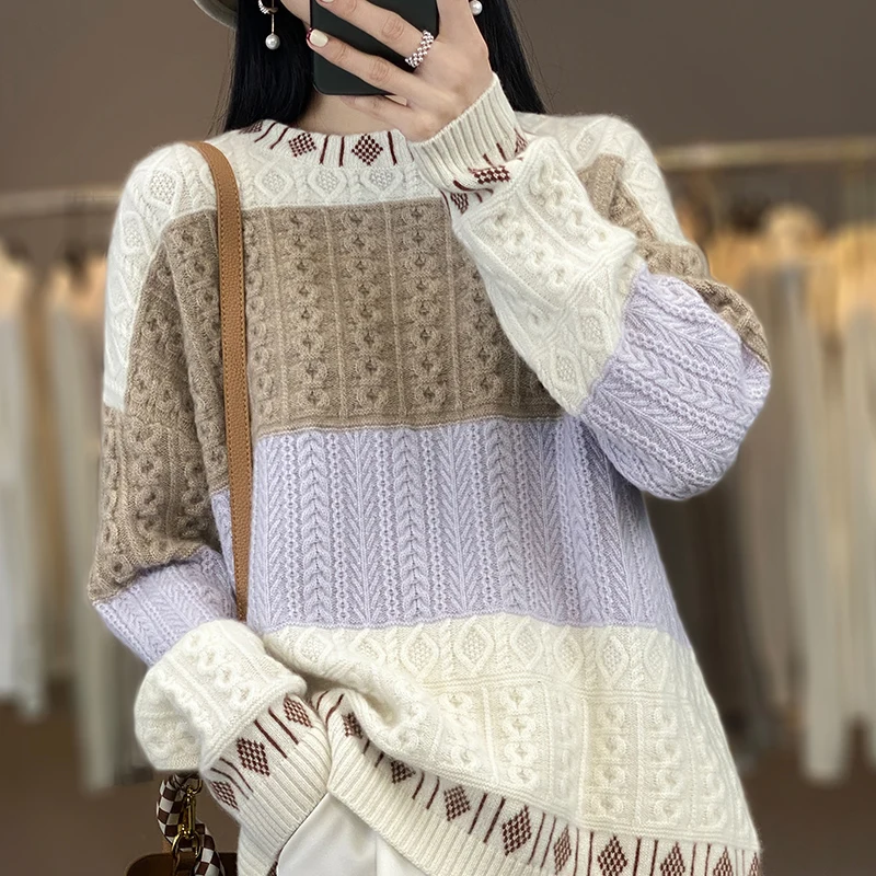 New cashmere sweater in autumn and winter women's padded sweater O-neck color matching loosely knitted 100% pure wool pullover