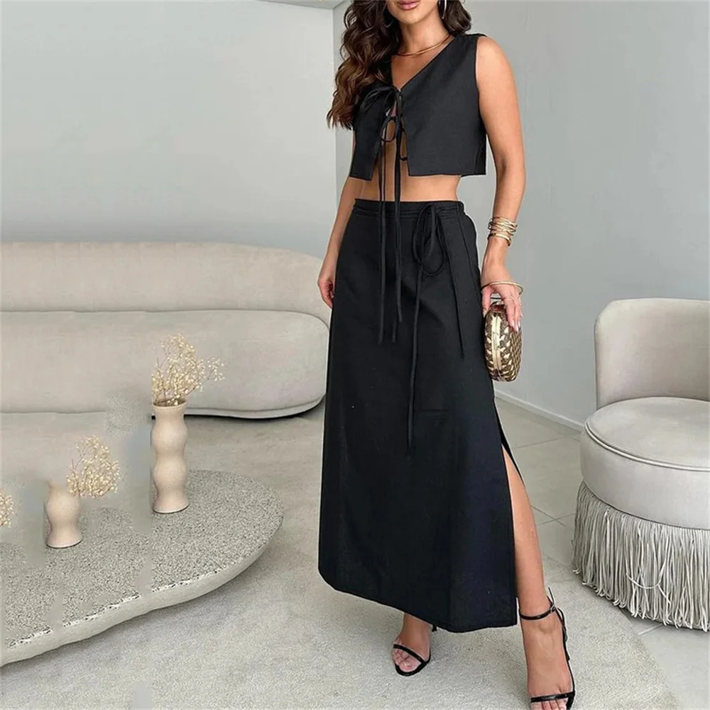 Summer Black Midi Skirt 2 Piece Set for Women Fashion V Neck Lace Up Sleeveless Vest Top High Waist Split Skirts Outfits