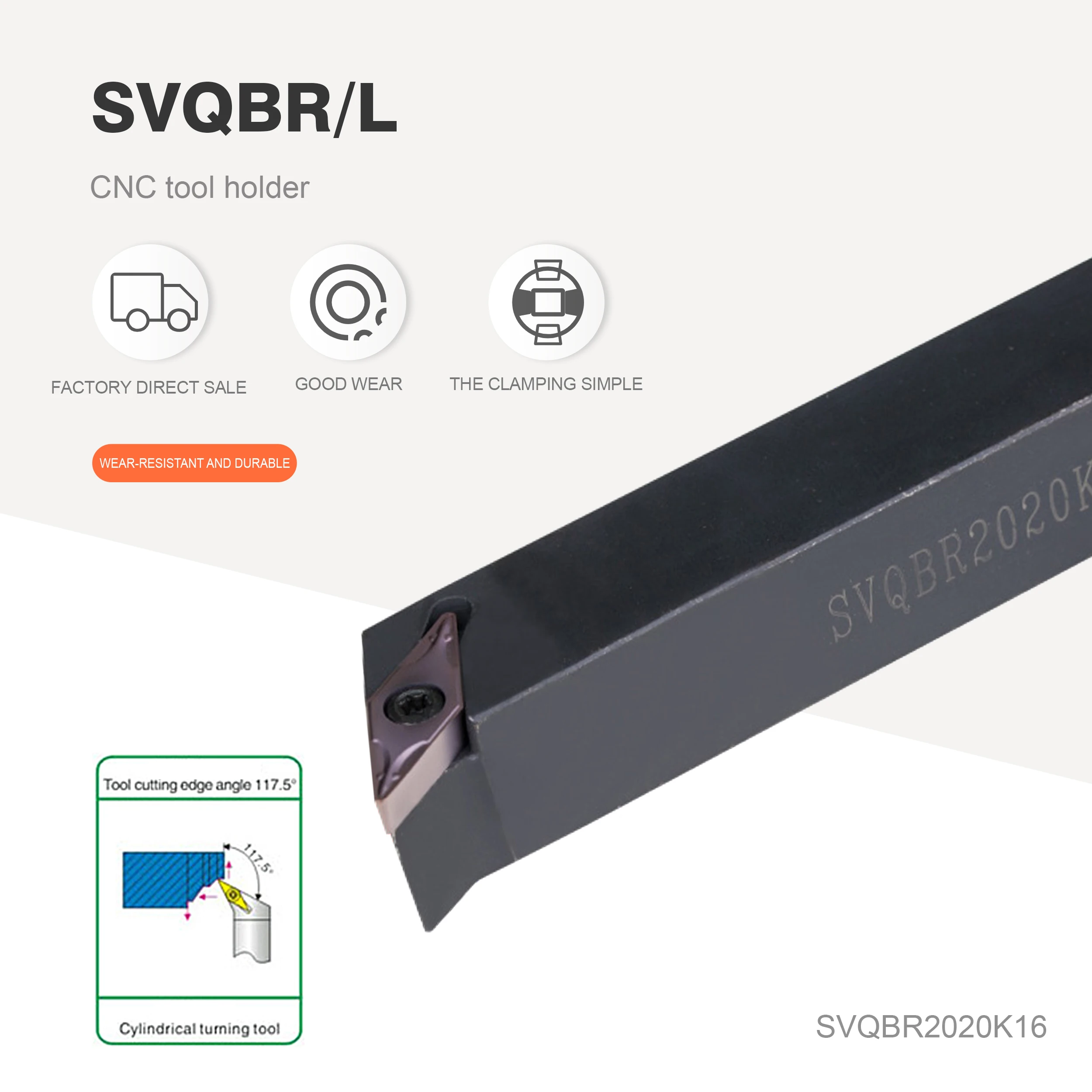 

SVQBR1616H16 SVQBR2020K16 SVQBR2525M16 CYLINDRICAL TURNING TOOL HOLDER VBMT11/16 CARBIDE TOOL