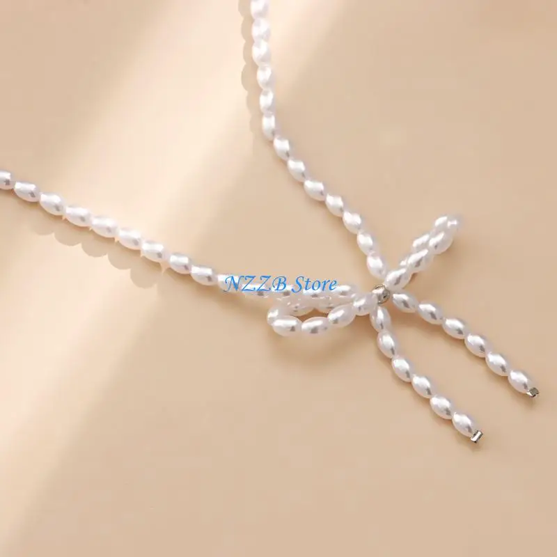 

T21F Imitation Pearls Necklaces Bowknot Pendant Necklaces Adjustable Length Necklace Suitable for Wedding Party Daily Wear