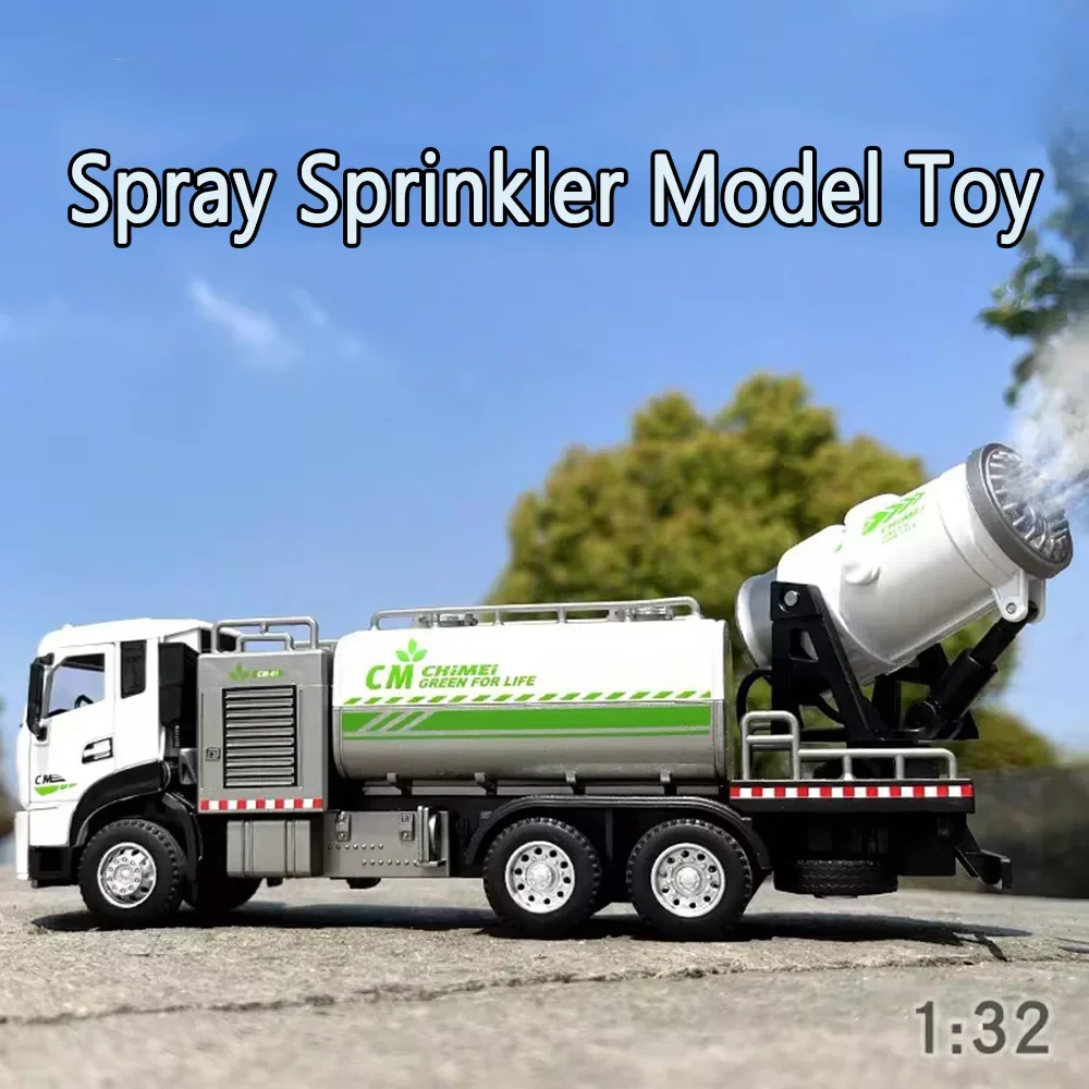 1/32 Spray Sprinkler Truck Model Toys Car Alloy Diecast Engineering Vehicle Doors Opened Sound Light Pull Back Toy Gift for Kids