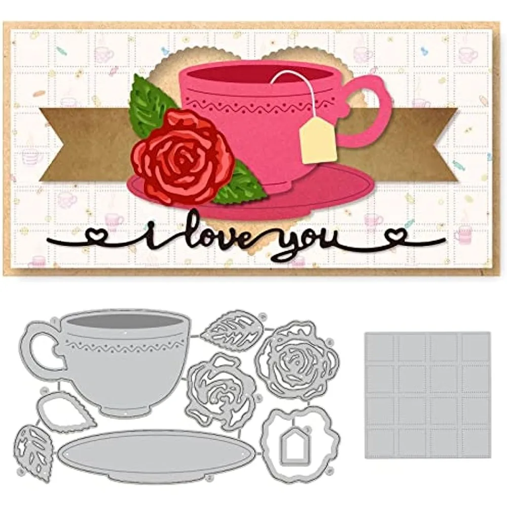 Afternoon Tea Cutting Dies Cup Embossing Stencil Template Flower Metal Die Cut Grid Background Carbon Steel Die Cutting Template