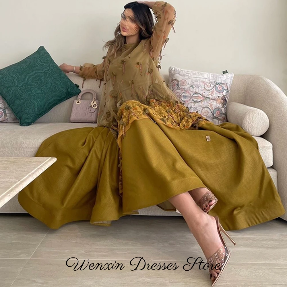 

Exquisite Long Sleeves Evening Dress Delicate Crew Neck Beading Flowers Customized Celebrity Gowns Sparkly Jersey Bridal Party