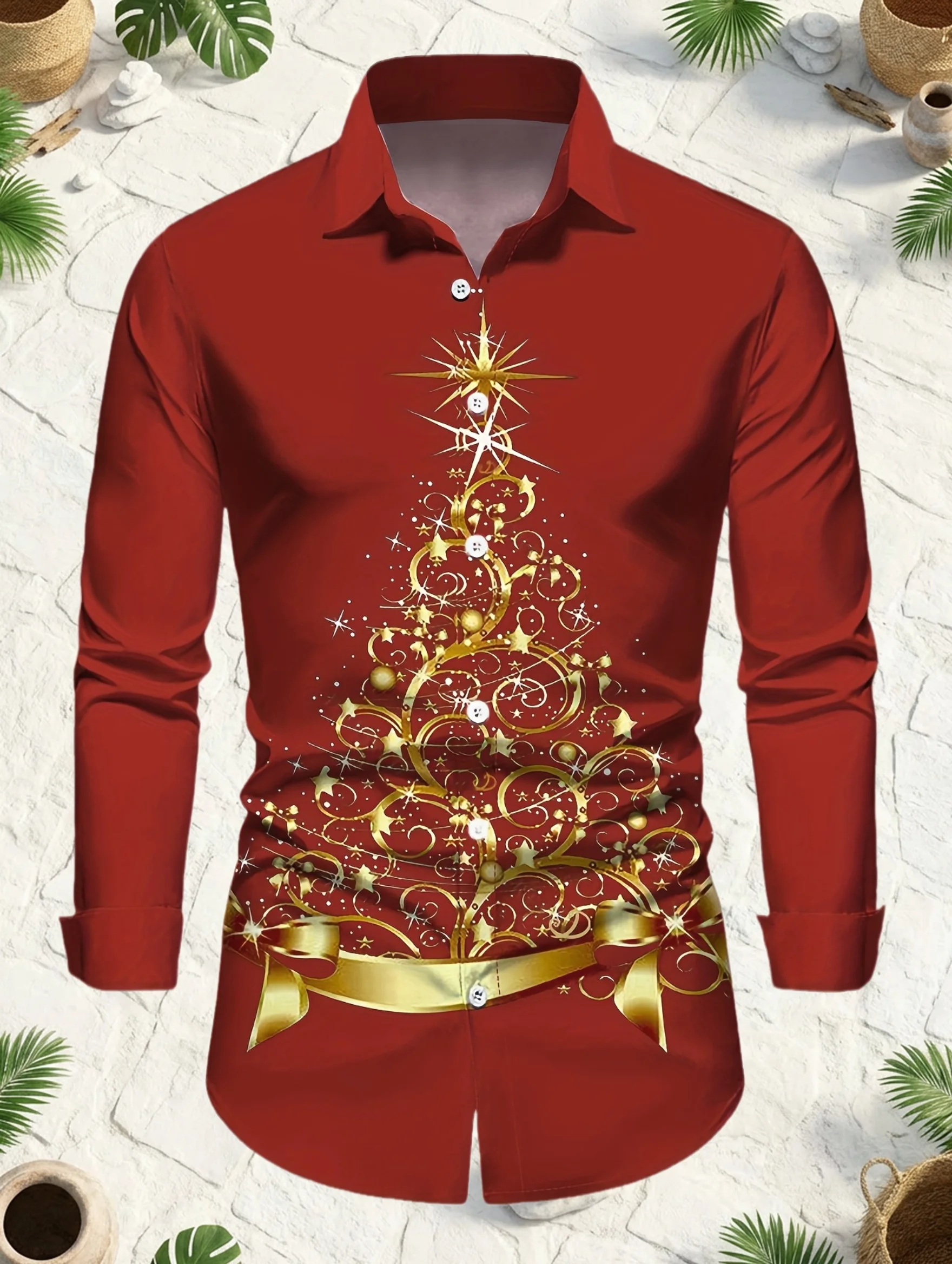 Trendy Men Button‑Up Shirt Festive Golden Christmas Tree Star Art Print Polyester Xmas Dating Party